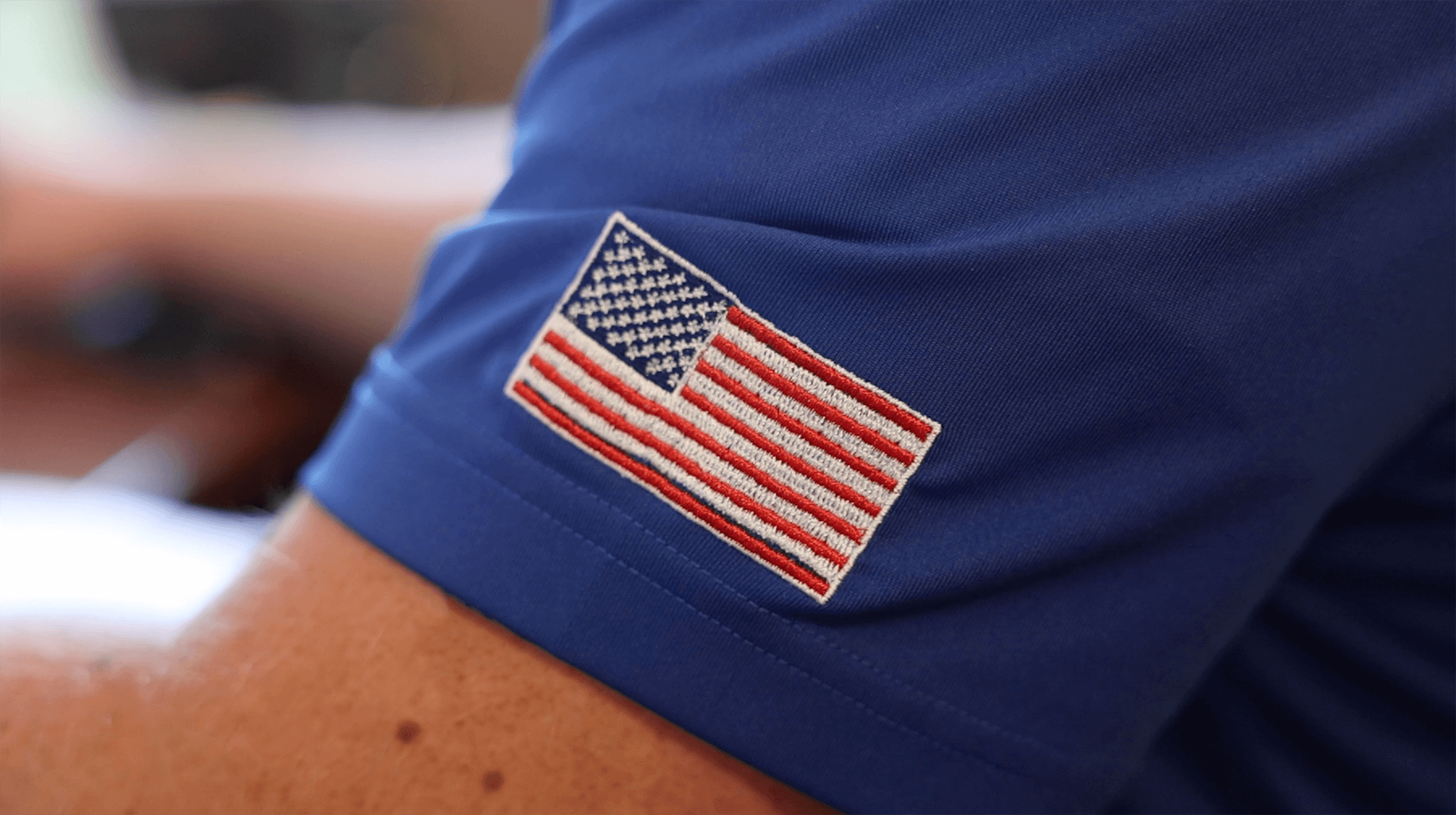 An American flag on a t shirt sleeve